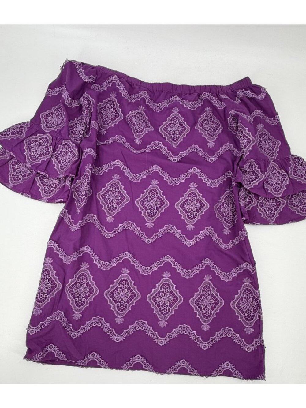 NWT Boston Proper  Purple Metallic Lace Off-the-Shoulder Dress Ruffle Sleeve M